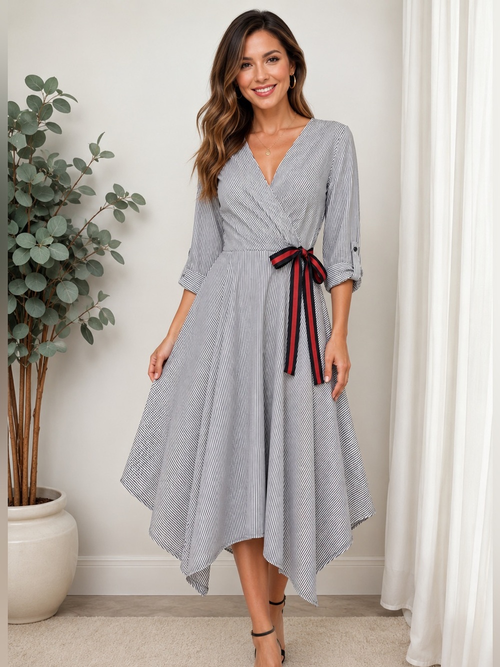 Mlle Gabrielle Striped Faux Wrap Dress  M Black White Sharkbite Hem Nautical